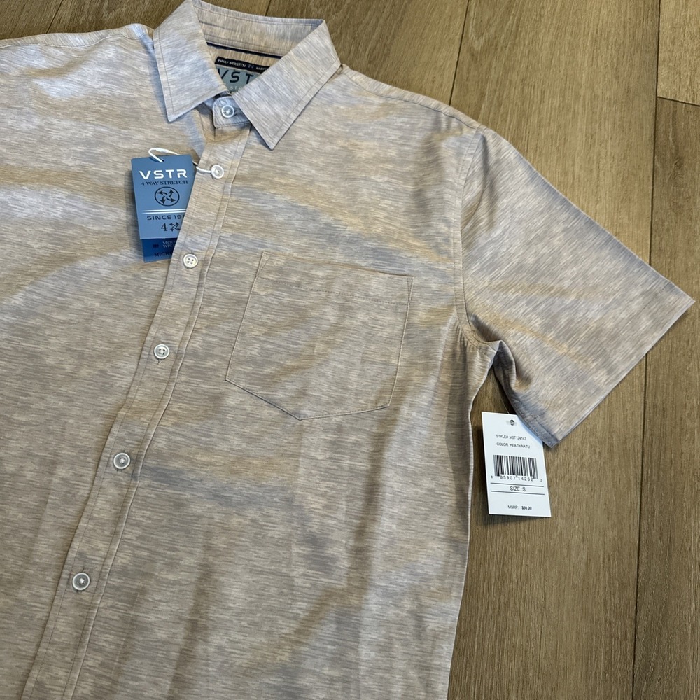 VSTR Men's 4 Way Stretch Shirt Tropical SS Button Up Heather Naturalā Small NEW